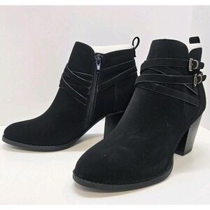 Women Size 7.5 Black Ankle Boots Almond Toe 3" heel Chunky Stacked Heels Booti‎